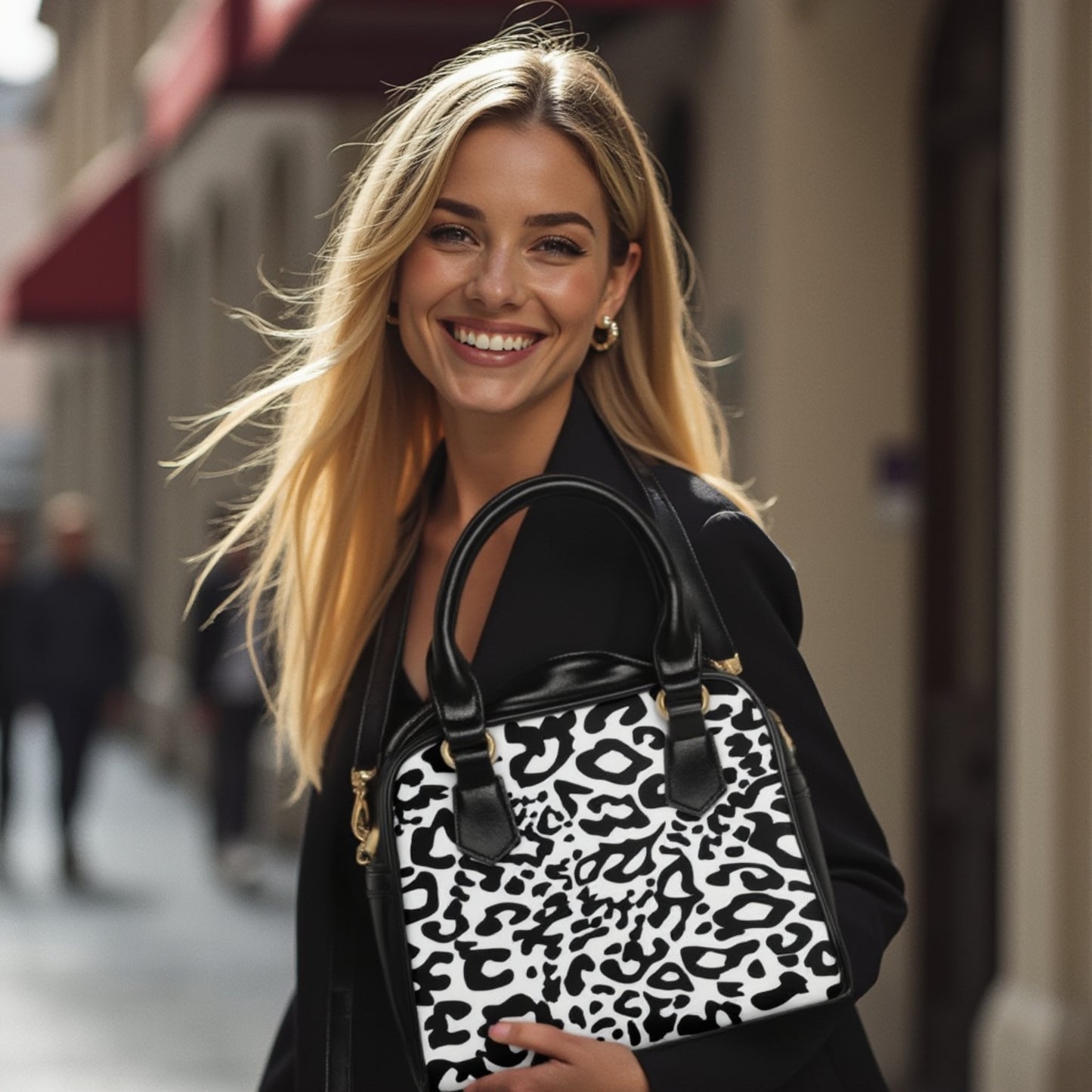 Shoulder Handbag - Leopard Black and White