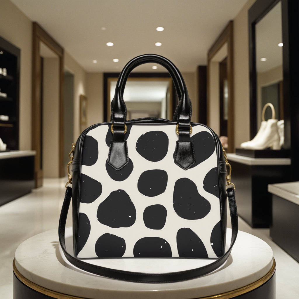 Shoulder Handbag - Black/White Animal Print