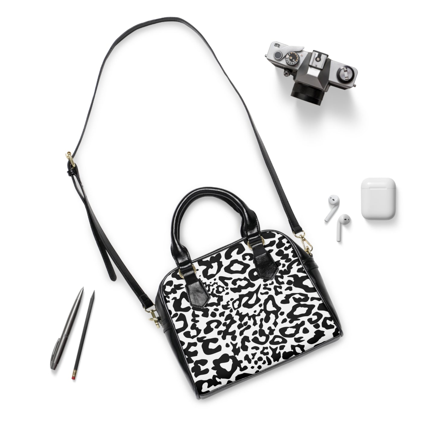 Shoulder Handbag - Leopard Black and White