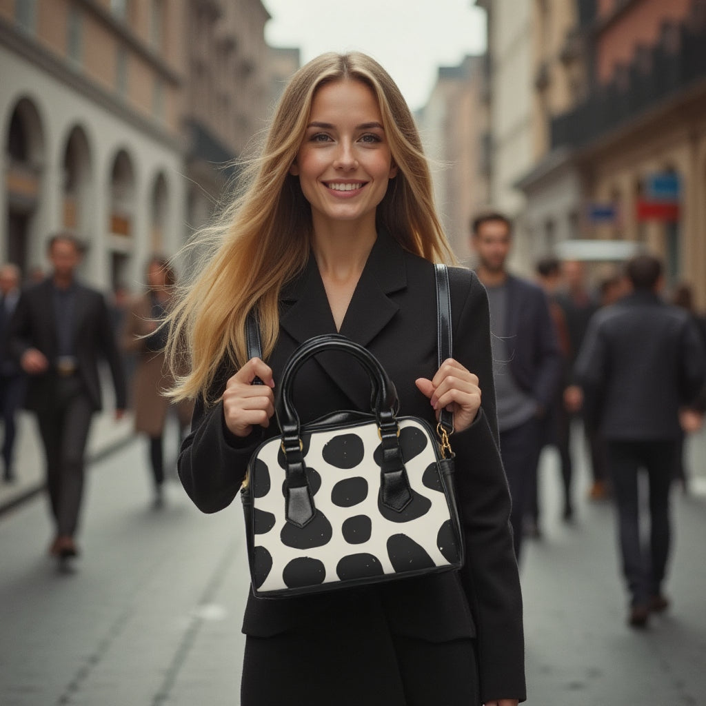 Shoulder Handbag - Black/White Animal Print