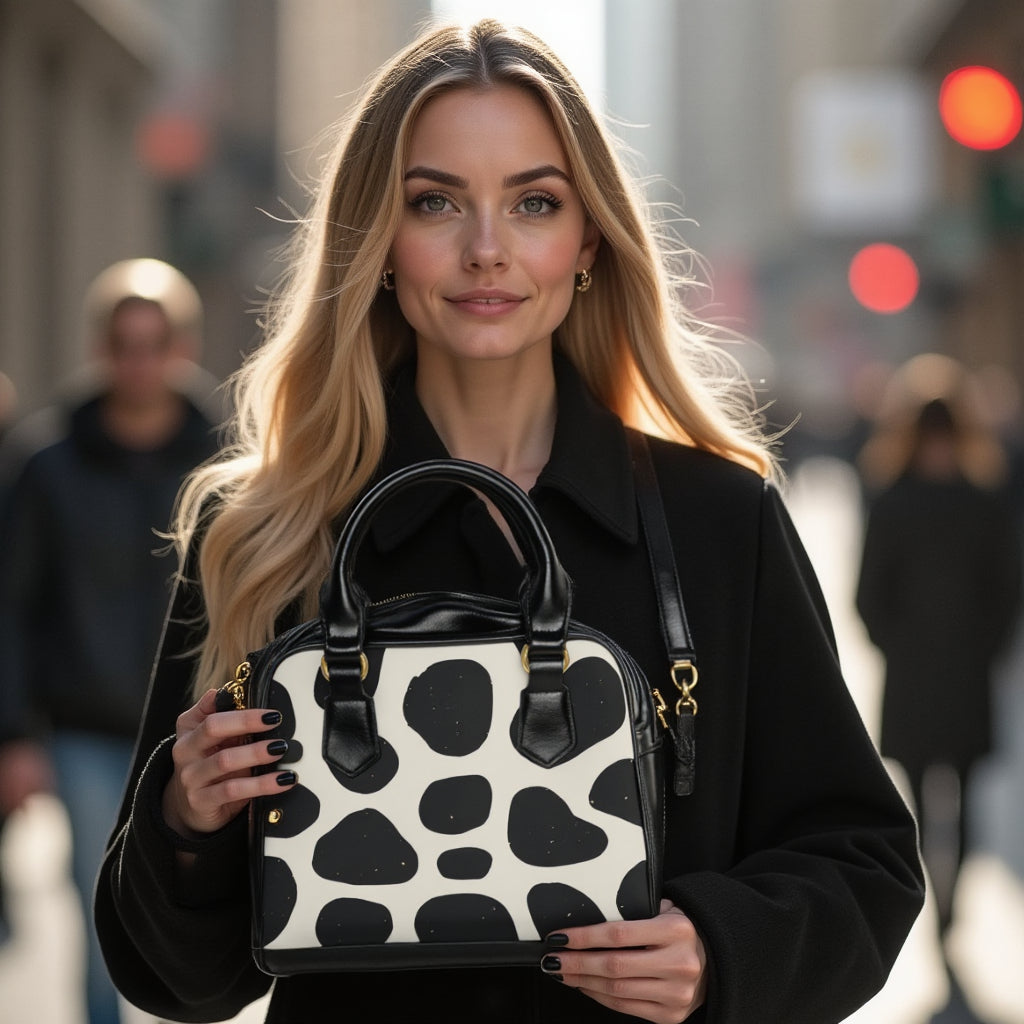 Shoulder Handbag - Black/White Animal Print